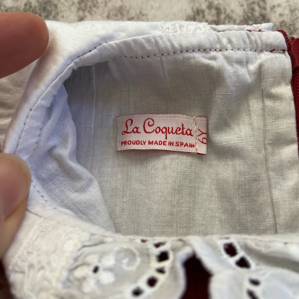 La Coqueta 6Y Girl’s Red Corduroy Dress with White Lace Collar - Picture 5 of 13